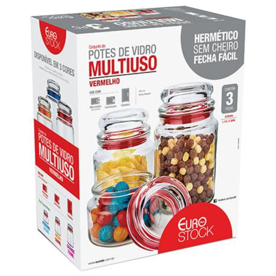 Conjunto Potes De Vidro Multiuso 3 Peças Vermelho Euro - Altaluce