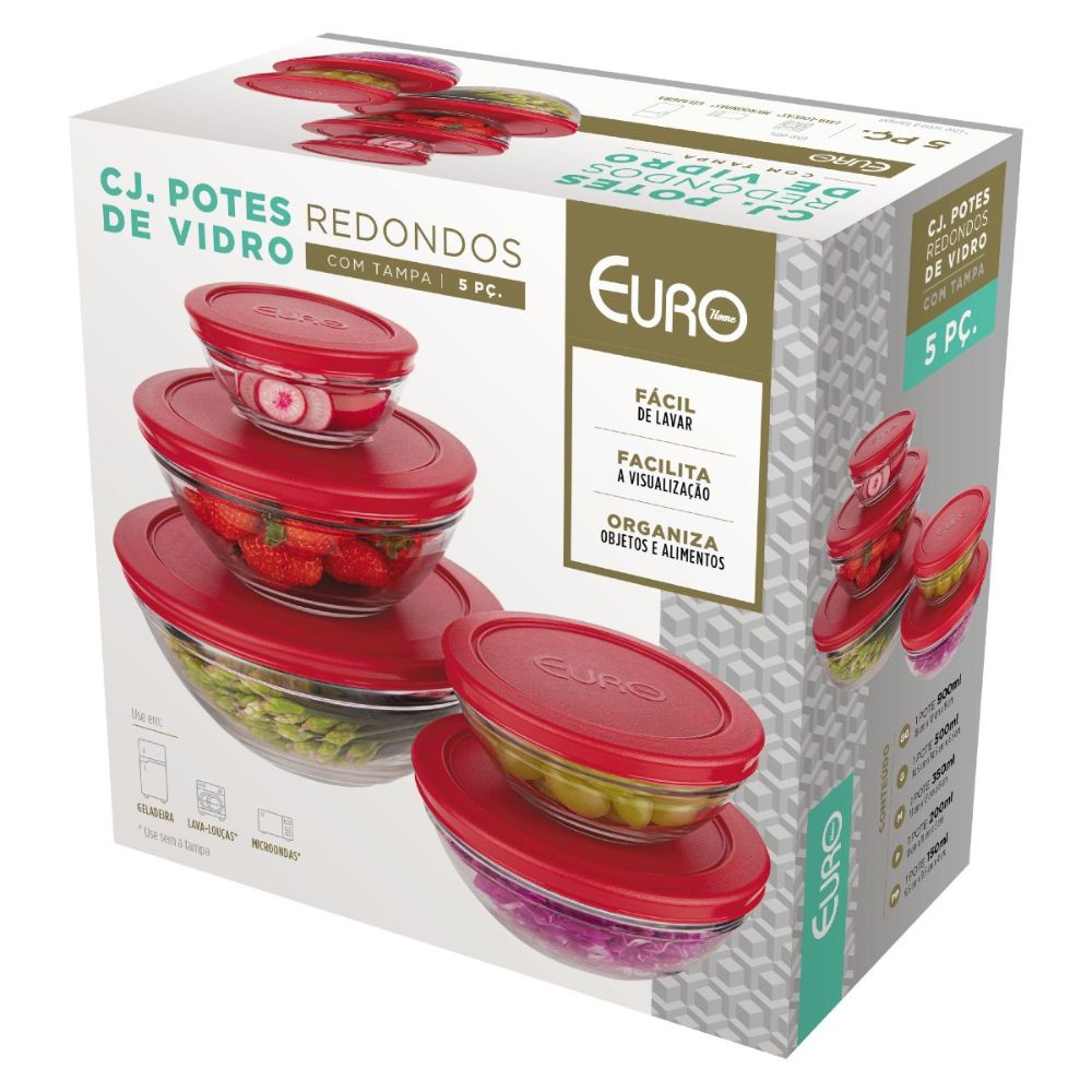 Conjunto De Potes De Vidro Redondos Com Tampa Plástica 5 Peças Vermelho Euro