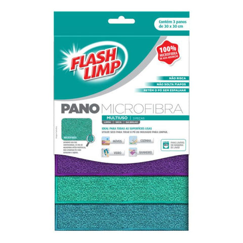 Pano de Microfibra para Limpeza Multiuso FlashLimp - Kit com 3 Panos - Altaluce