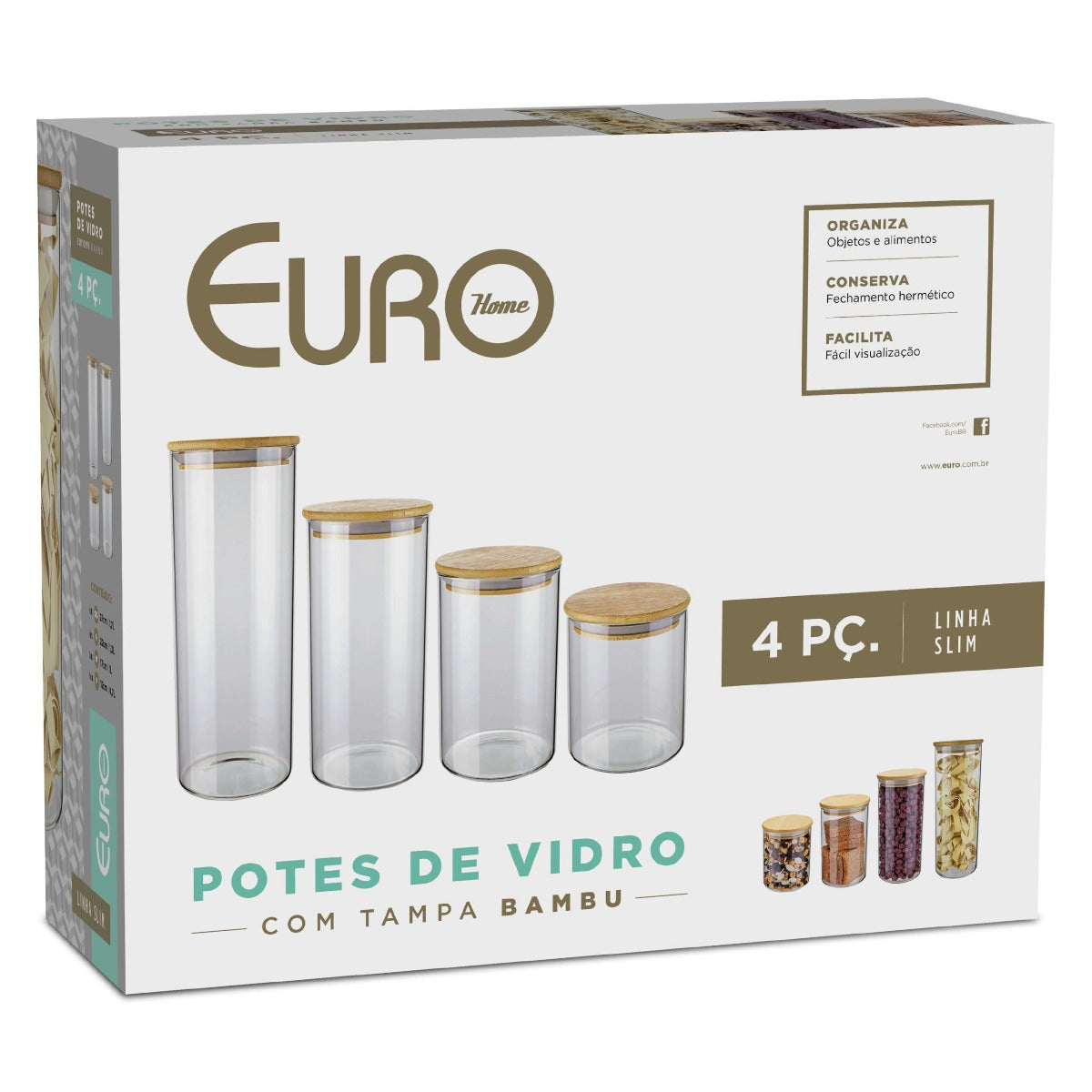 Conjunto De Potes De Vidro Slim Com Tampa Bambu 4 Peças Euro - Altaluce